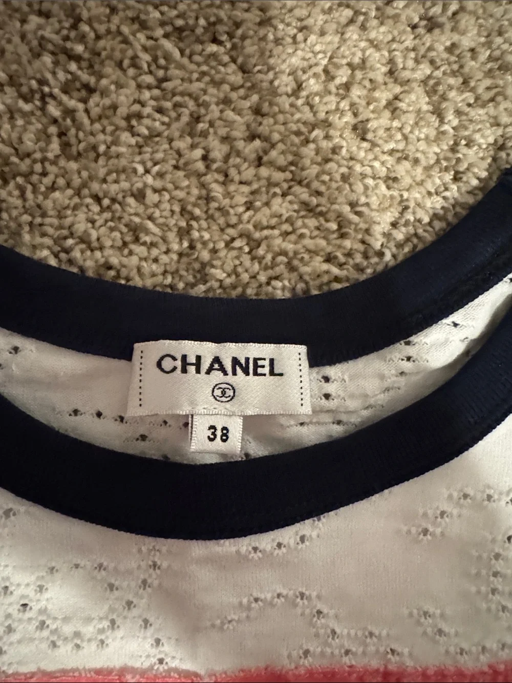 CHANEL White Eyelet Tee with Ombre Pink-Yellow Square and Black '5'